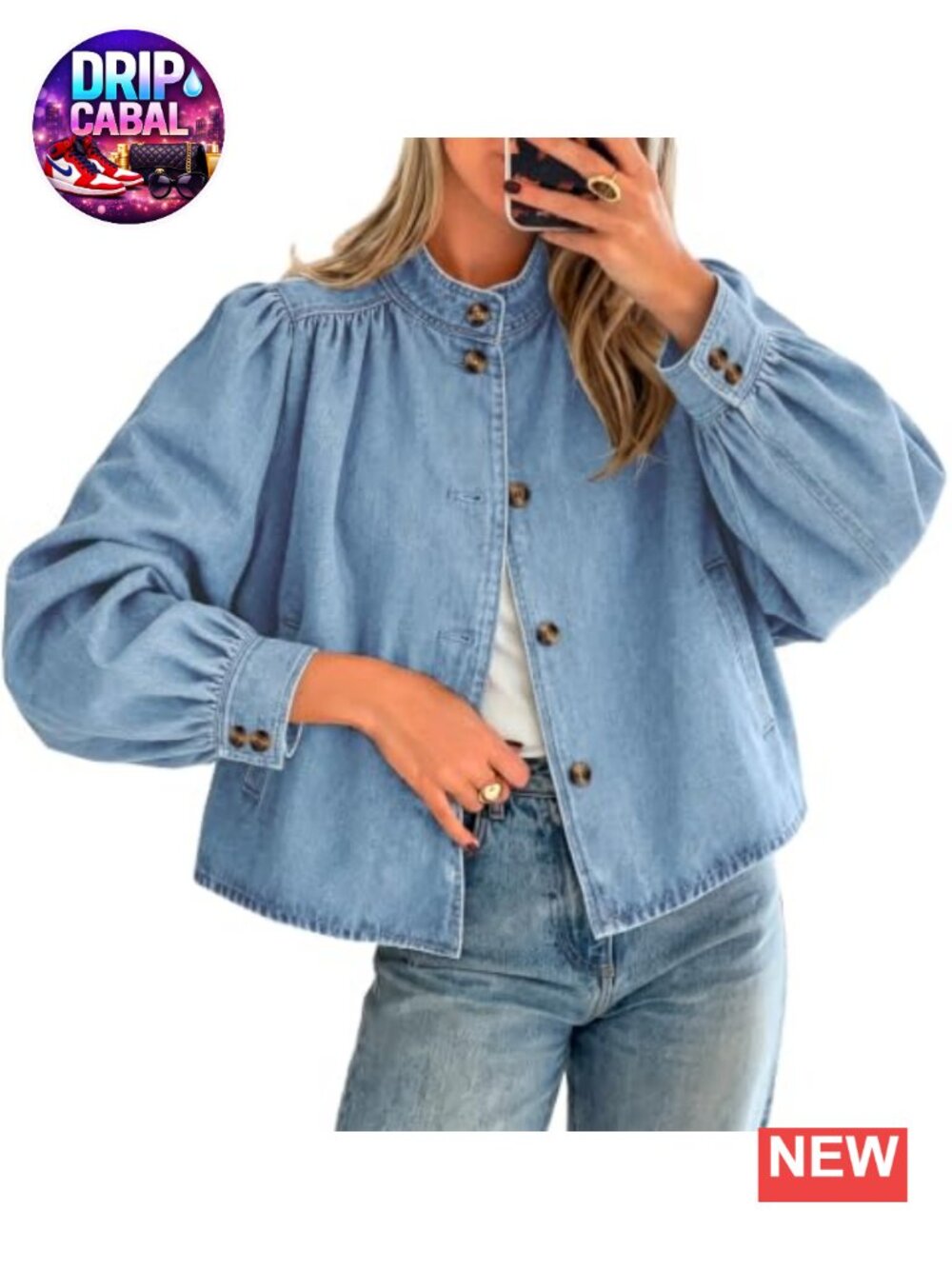Womens Puff Sleeve Denim Jacket Button Down Loose Fit Cotton Blend
